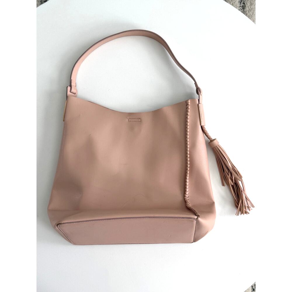 NY&Co Blush Pink Hobo Shoulder Bag with Tassel Fringe and Woven Side Detail